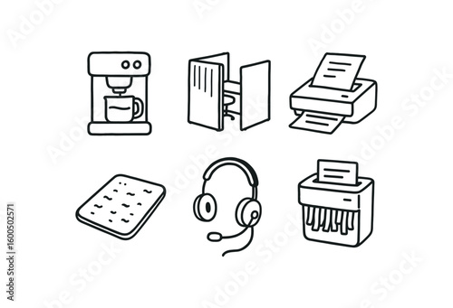 hand drawn cute out doodle style isolated office coffee machine office cubicle partition office document scanner office ergonomic mat office phone headset office paper shder