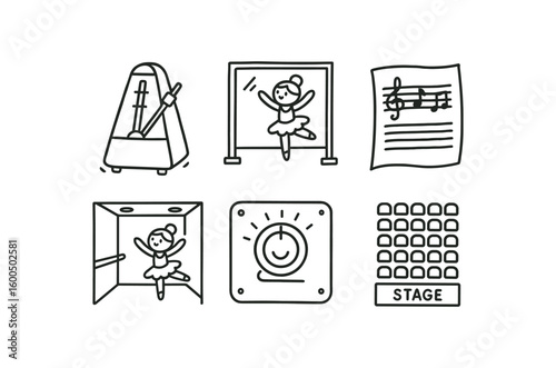 hand drawn cute out doodle style isolated dancer rhythm metronome dancer mirror studio wall dancer music score sheet dancer rehearsal room dancer spot dimmer dancer audience seating map