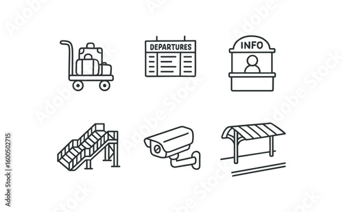 hand drawn cute out doodle style isolated train station luggage cart train station departure board train station info booth train station footbridge model train station surveillance camera