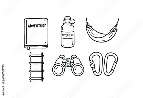 hand drawn cute out doodle style isolated adventure journal adventure water bottle adventure hammock adventure rope ladder adventure binoculars adventure carabiner