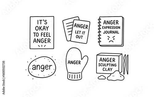 hand drawn cute out doodle style isolated anger affirmation poster anger phrase flashcards anger epression journal anger grounding stone anger tension relief mitt anger sculpting clay