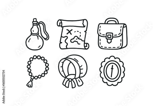 hand drawn cute out doodle style isolated pilgrim gourd flask pilgrim map scroll pilgrim leather satchel pilgrim prayer beads pilgrim wool bonnet pilgrim brooch