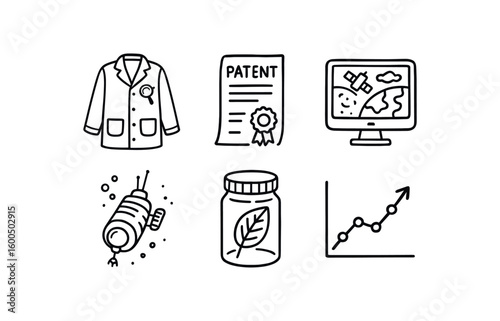 hand drawn cute out doodle style isolated discovery lab coat discovery patent application discovery satellite imagery discovery deep sea probe discovery specimen jar discovery time chart