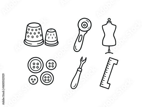 hand drawn cute out doodle style isolated tailor thimble tailor fabric cutter tailor mannequin form tailor button collection tailor seam ripper tailor hem gauge