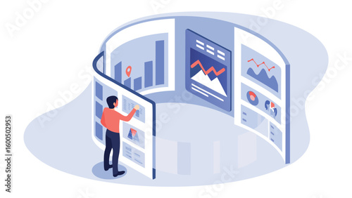 Man interacting with data dashboards in a curved display setup for data analysis and visualization
