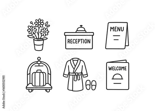 hand drawn cute out doodle style isolated hospitality flower arrangement hospitality reception desk hospitality menu holder hospitality luggage cart hospitality robe hospitality welcome