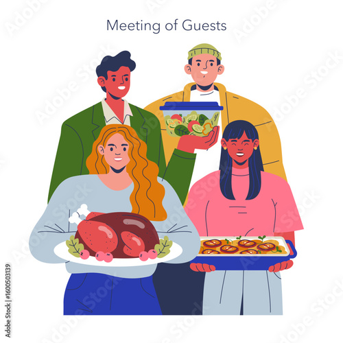 Guests Gathering for Meal with Diverse Dishes