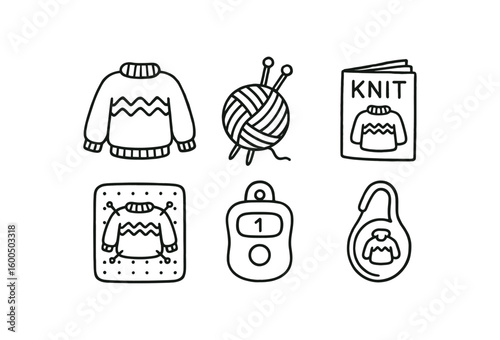 hand drawn cute out doodle style isolated wool sweater knitting kit wool sweater yarn skein wool sweater pattern book wool sweater blocking board wool sweater row counter wool sweater