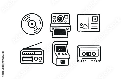 hand drawn cute out doodle style isolated nostalgia vinyl record nostalgia polaroid camera nostalgia vintage postcard nostalgia retro radio nostalgia arcade game nostalgia cassette tape