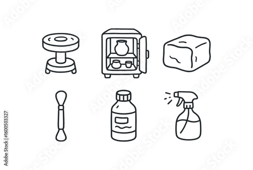 hand drawn cute out doodle style isolated pottery wheel pottery kiln shelf pottery clay block pottery trimming tool pottery glaze pigment pottery spray bottle