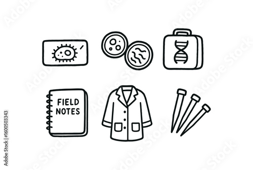 hand drawn cute out doodle style isolated biologist microscope slide biologist petri dish biologist DNA etractor kit biologist field notebook biologist lab coat biologist pipette tips