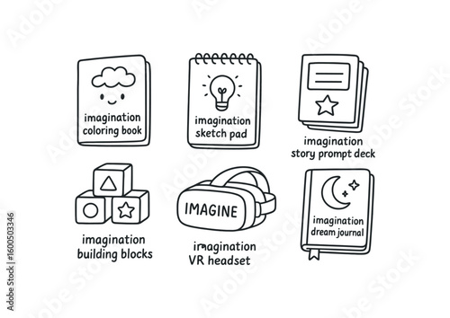 hand drawn cute out doodle style isolated imagination coloring book imagination sketch pad imagination story prompt deck imagination building blocks imagination VR headset imagination dream