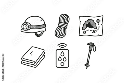 hand drawn cute out doodle style isolated cave headlamp helmet cave climbing rope cave map chart cave thermal blanket cave moisture sensor cave trekking pole