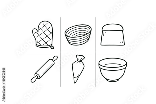 hand drawn cute out doodle style isolated bakery oven mitt bakery proofing basket bakery dough scraper bakery rolling pin bakery pastry bag bakery miing bowl