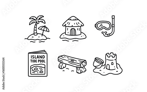hand drawn cute out doodle style isolated island palm umbrella island thatched hut island snorkeling kit island tide pool guide island driftwood bench island sandcastle mold