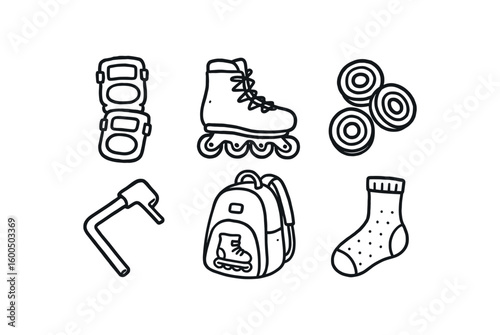 hand drawn cute out doodle style isolated rollerblades protective pads rollerblades leather laces rollerblades wheel bearings rollerblades skate key rollerblades carrying backpack