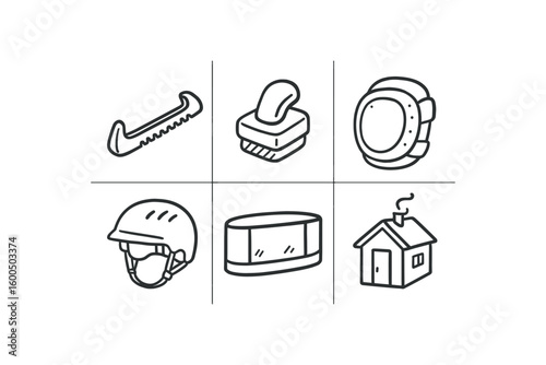 hand drawn cute out doodle style isolated ice skating blade guard ice skating skate sharpener ice skating knee pad ice skating helmet ice rink barrier ice skating warming hut
