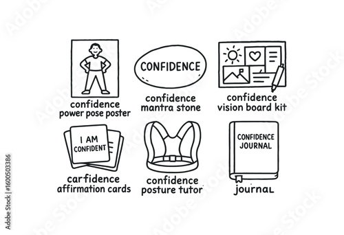 hand drawn cute out doodle style isolated confidence power pose poster confidence mantra stone confidence vision board kit confidence affirmation cards confidence posture tutor belt