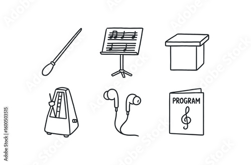 hand drawn cute out doodle style isolated conductor baton conductor score stand conductor podium platform conductor rehearsal metronome conductor earphones conductor program booklet