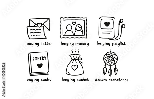 hand drawn cute out doodle style isolated longing handwritten letter kit longing memory photo frame longing lyrical playlist longing poetry anthology longing scented sachet longing dream