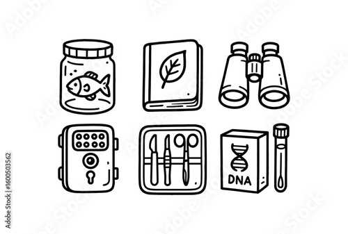 hand drawn cute out doodle style isolated zoologist specimen jar zoologist field notebook zoologist binoculars zoologist animal camera trap zoologist dissection kit zoologist DNA barcoding