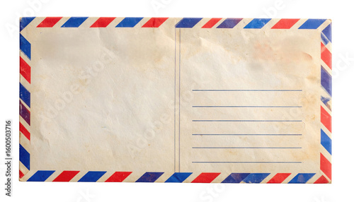 A vintage airmail envelope with red and blue diagonal stripes on the border and space for writing an address on the right side.