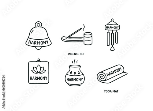 hand drawn cute out doodle style isolated harmony meditation bell harmony incense harmony chime ensemble harmony wall art plaque harmony diffuser lamp harmony yoga mat