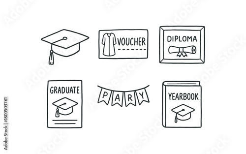 hand drawn cute out doodle style isolated graduation cap tassel graduation gown rental voucher graduation diploma frame graduation announcement card graduation party banner graduation