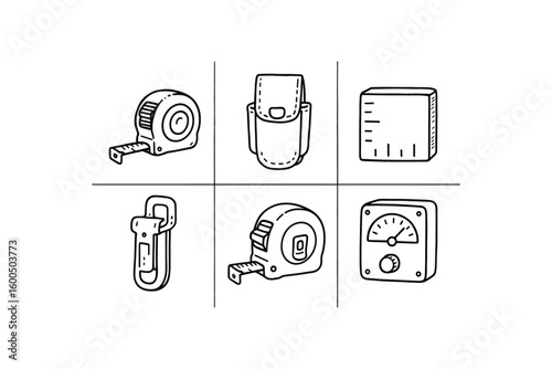 hand drawn cute out doodle style isolated measuring tape reel measuring tape belt holster measuring tape calibration block measuring tape hook clip measuring tape case measuring tape