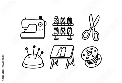 hand drawn cute out doodle style isolated seamstress sewing machine seamstress thread spool rack seamstress fabric scissors seamstress pin cushion seamstress pattern drafting table