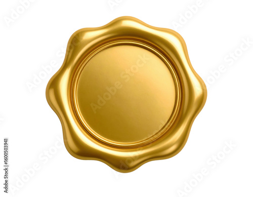 A shiny golden wax seal with a smooth circular center and scalloped edges in a classic design.