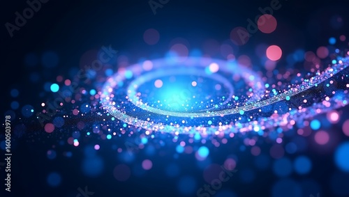 Abstract glowing particles background with spiral galaxy effect for technology design use 