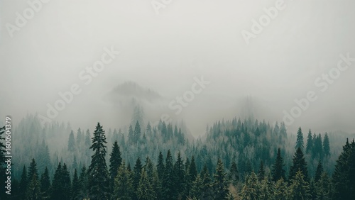 Misty panorama of evergreen trees styled with a hipster vintage retro vibe. Quality photograph