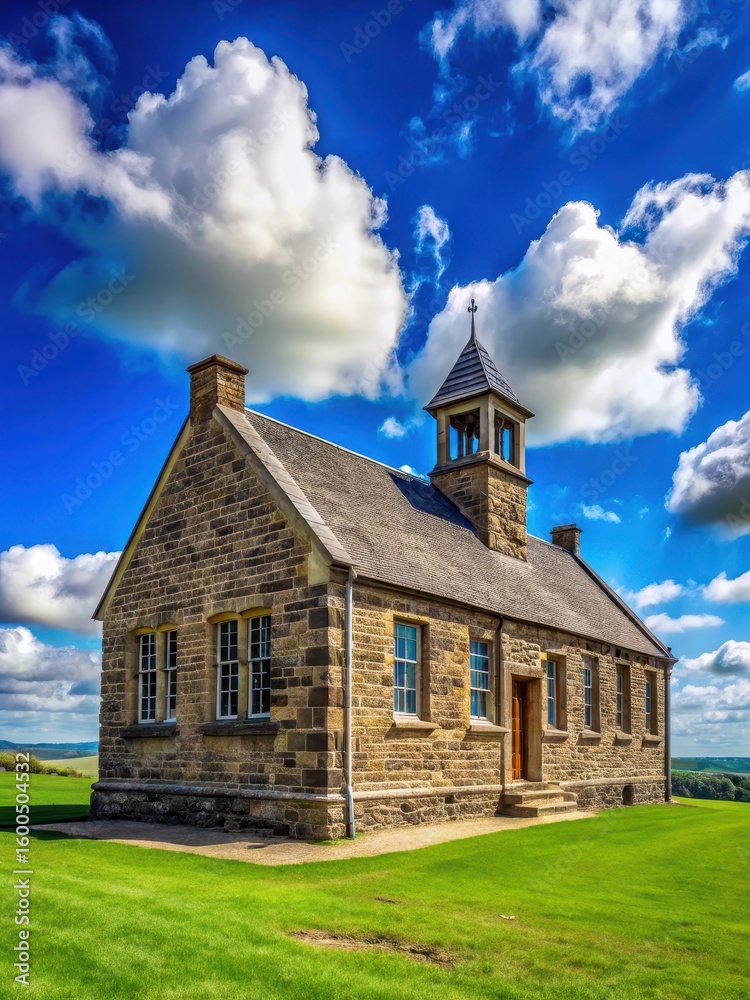 Fototapeta premium Ancient Stone School Building Under Clear Blue Sky With Few White Clouds