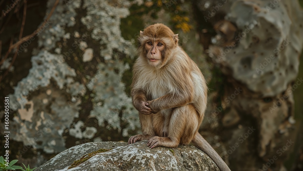 Naklejka premium An Ape Perched on a Stone Observing the View