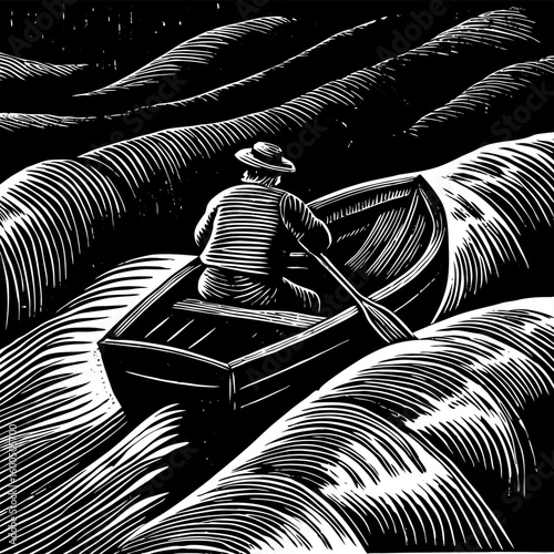 Man rowing vintage boat on sea art black and white ocean waves nautical illustration travel adventure journey voyage - vector illustration