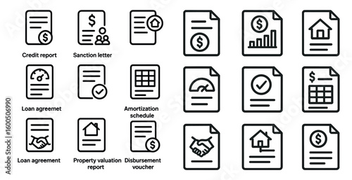 Finance documents outline icons set – linear, silhouette, bank and credit symbols