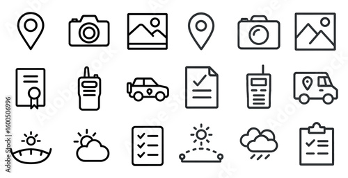 Travel and tourism outline icons set – line, minimalist, vacation symbols