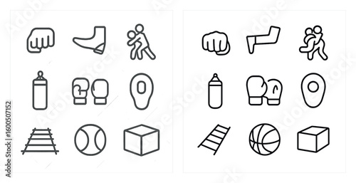 Sports and fitness outline icons set – linear, athletic, gym and training symbols