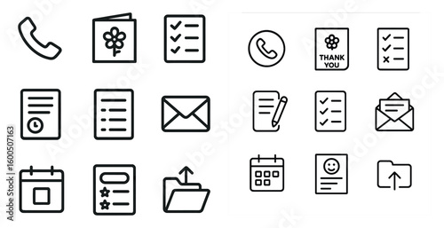Communication and organization icons set – outline, linear, messaging and planning symbols