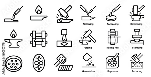 Metalworking line icons set – outline, forging, manufacturing, craft symbols