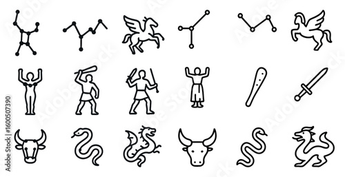 Constellation and mythology outline icons set – celestial, zodiac, mythical symbols
