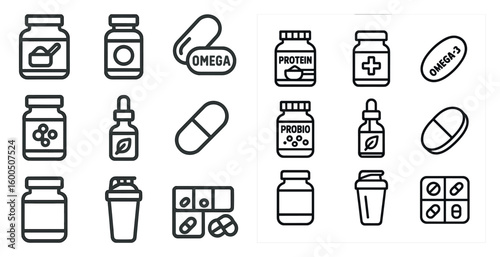 Nutritional and supplement outline icons set – linear, health, wellness symbols