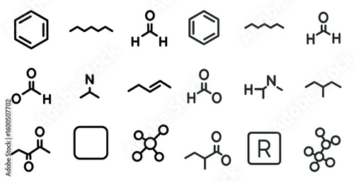 Chemistry outline icons set – laboratory, molecular, scientific symbols