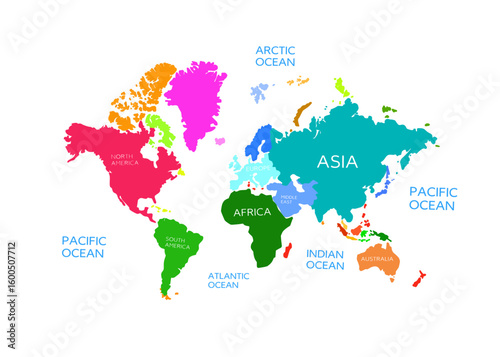 Colorful world map with labeled continents and oceans on white