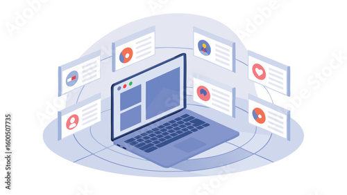 Isometric laptop surrounded by floating windows displaying various icons and data visualizations