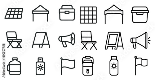 Camping equipment line icons set – outline, outdoor, adventure symbols