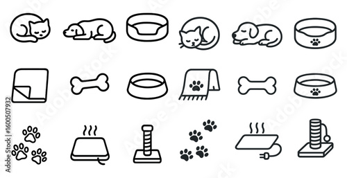 Pet care and accessories icons set – line, outline, animal and grooming symbols