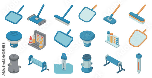 Home cleaning tools isometric icons set – housekeeping, janitorial, hygiene essentials