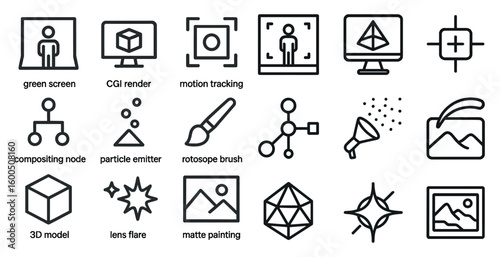 Video production outline icons set – linear, filmmaking and editing tools